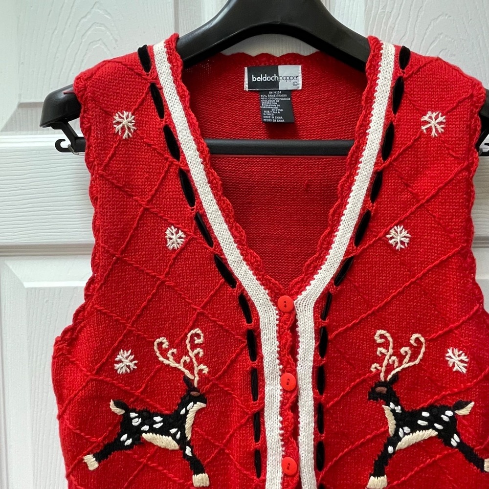 Vintage‎ Beldoch Popper Sz S Red Ugly Christmas Button Up Sweater Vest Deer 3D
